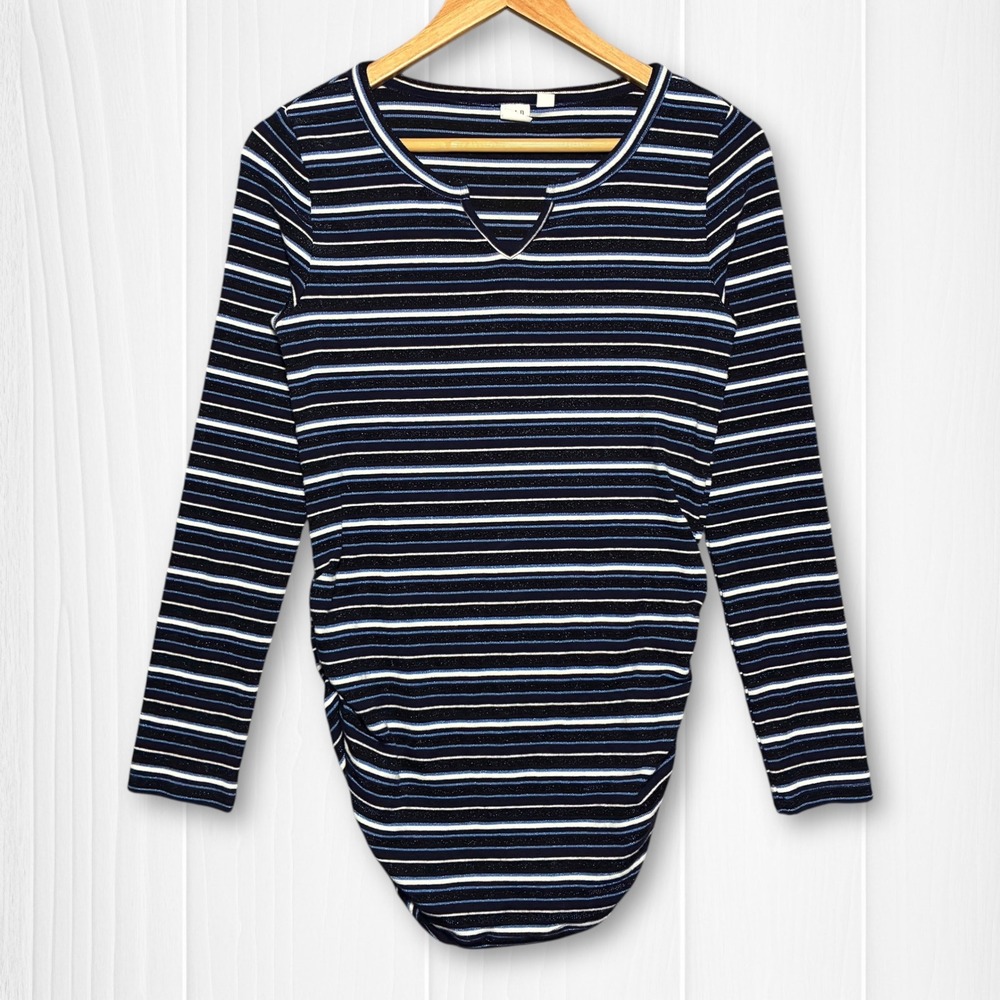 GAP Maternity Blue White Stripe Long Sleeve Split Neck Shirt Top Women's S‎